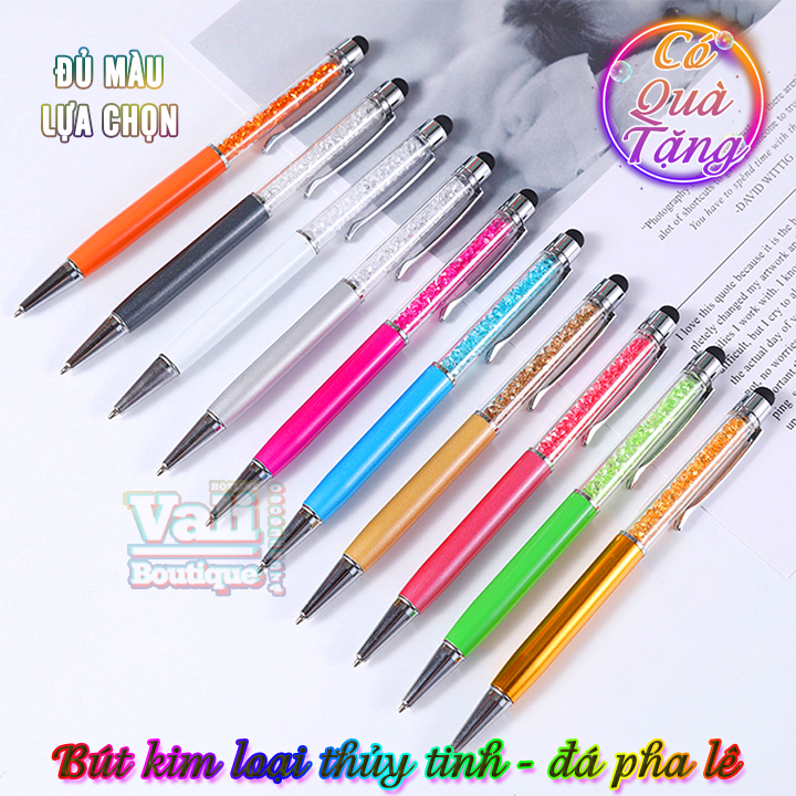 Bút bi xoay vỏ kim loại thủy tinh đá pha lê - Bút cảm ứng cho điện thoại, máy tính bảng - Bút bi ký kim loại sơn tĩnh điện thủy tinh đá pha lê - nhiều màu (tặng kèm hộp + ruột mực thay thế).