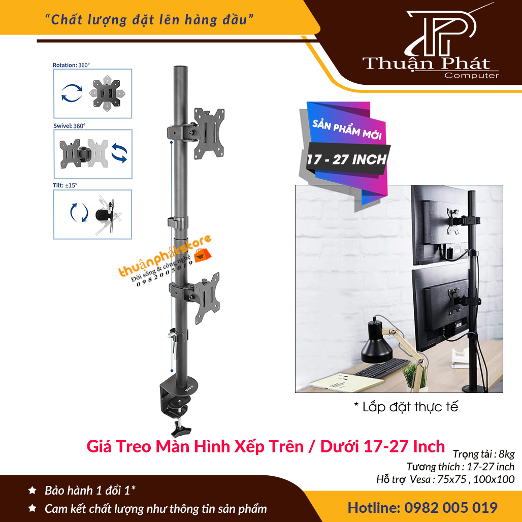 Giá Treo Hai Màn Hình Kẹp Bàn 17 – 27 Inch -  Trụ 80 Cm - Treo Hai Màn Hình Máy Tính Xếp Màn Trên / Dưới - Xoay Màn 360° Model : M063