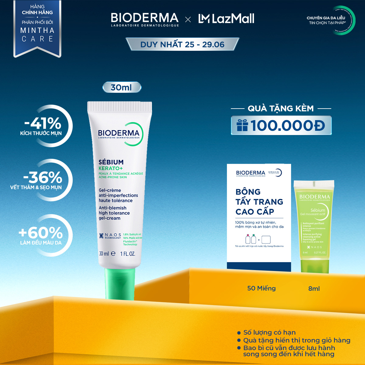 Kem dưỡng hỗ trợ giảm mụn chuyên sâu cho da mụn nhẹ đến trung bình Bioderma Sébium Kerato+ 30ml