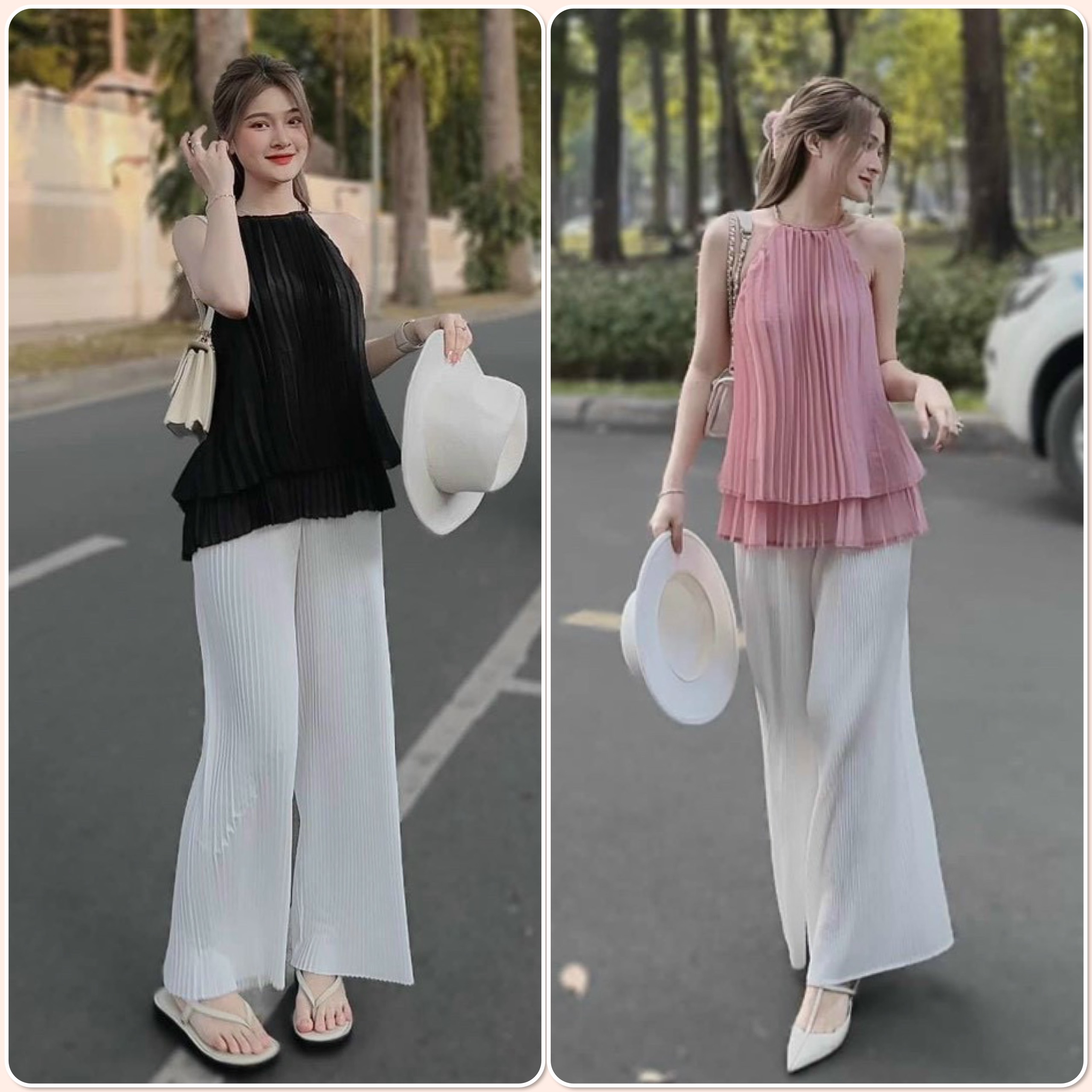 Set áo yếm dập ly + Quần ống rộng dịu dàng nữ tính