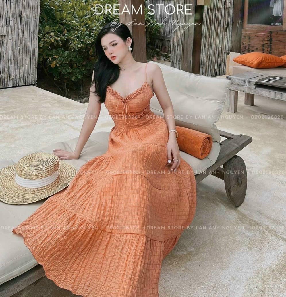 Đầm maxi 2 dây xốp tầng 3 màu đi biển dd018