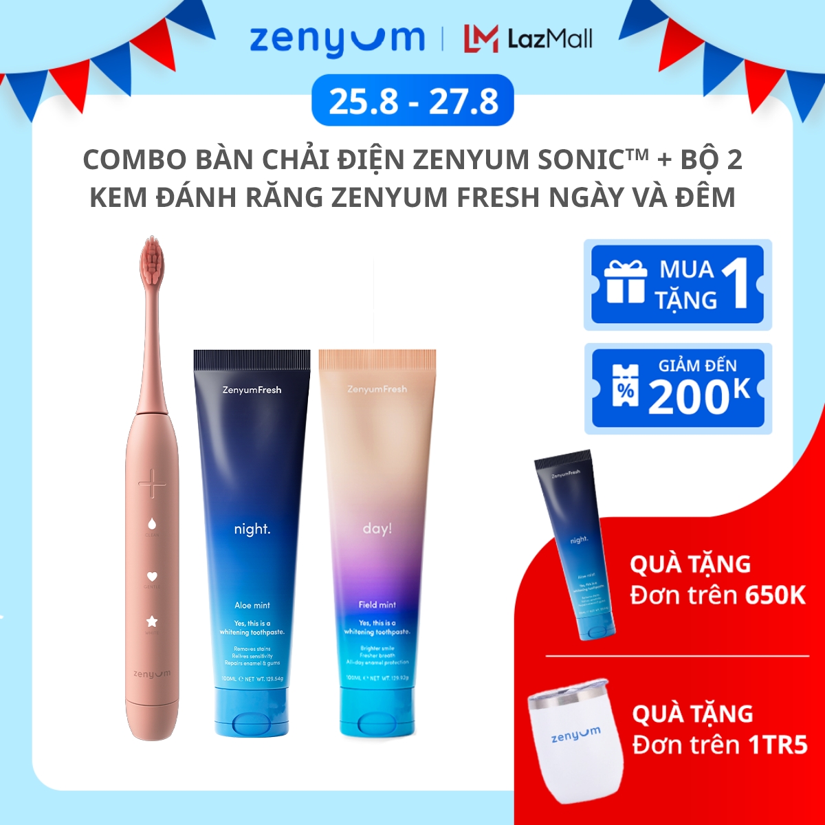 Combo bàn chải điện zenyum sonic + bộ 2 kem đánh răng zenyum fresh ngày và đêm