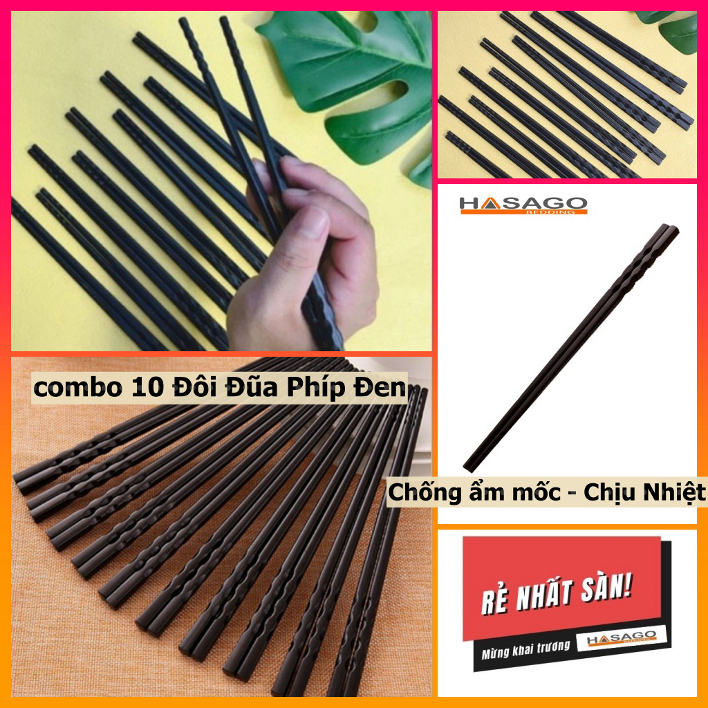 Bộ 10 đôi đũa nhựa phíp đen Cao Cấp Chống trơn trượt chịu nhiệt Chống nấm mốc hàng cao cấp dùng cho quán cơm quán ăn
