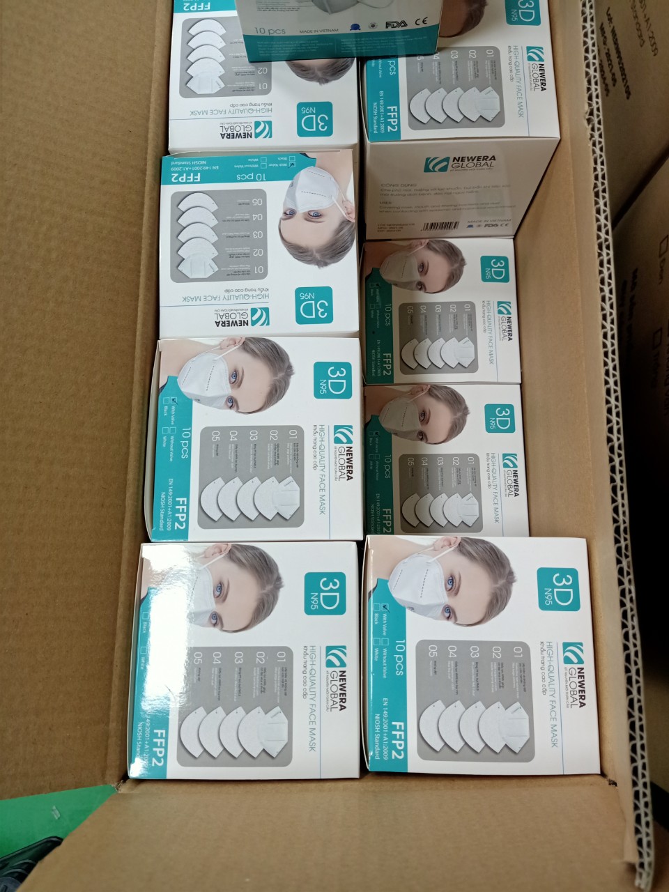 10 hộp khẩu trang n95 5 lớp, newera global, không van, mỗi hộp 20 chiếc, tổng : 200 chiếc
