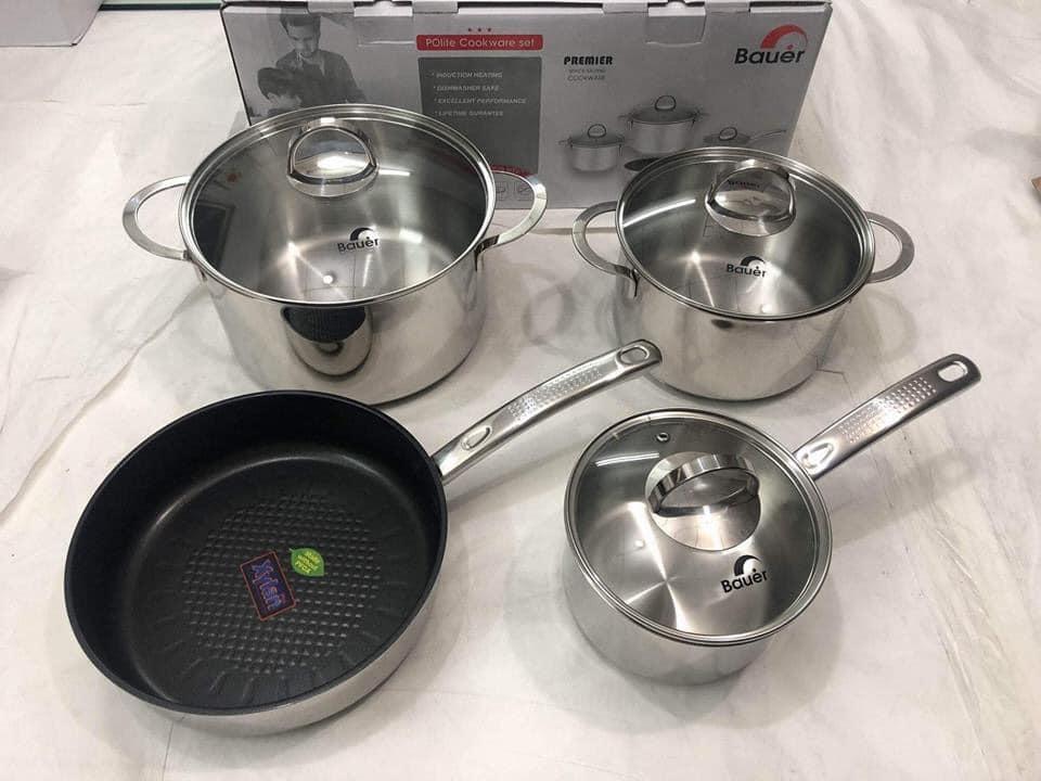 Bộ nồi của thương hiệu BAUER Đức - Chất liệu Inox 304/Bộ 03 nồi(phi 16,20,24cm) và 1 chảo phi 24/ chuyên dụng cho bếp từ
