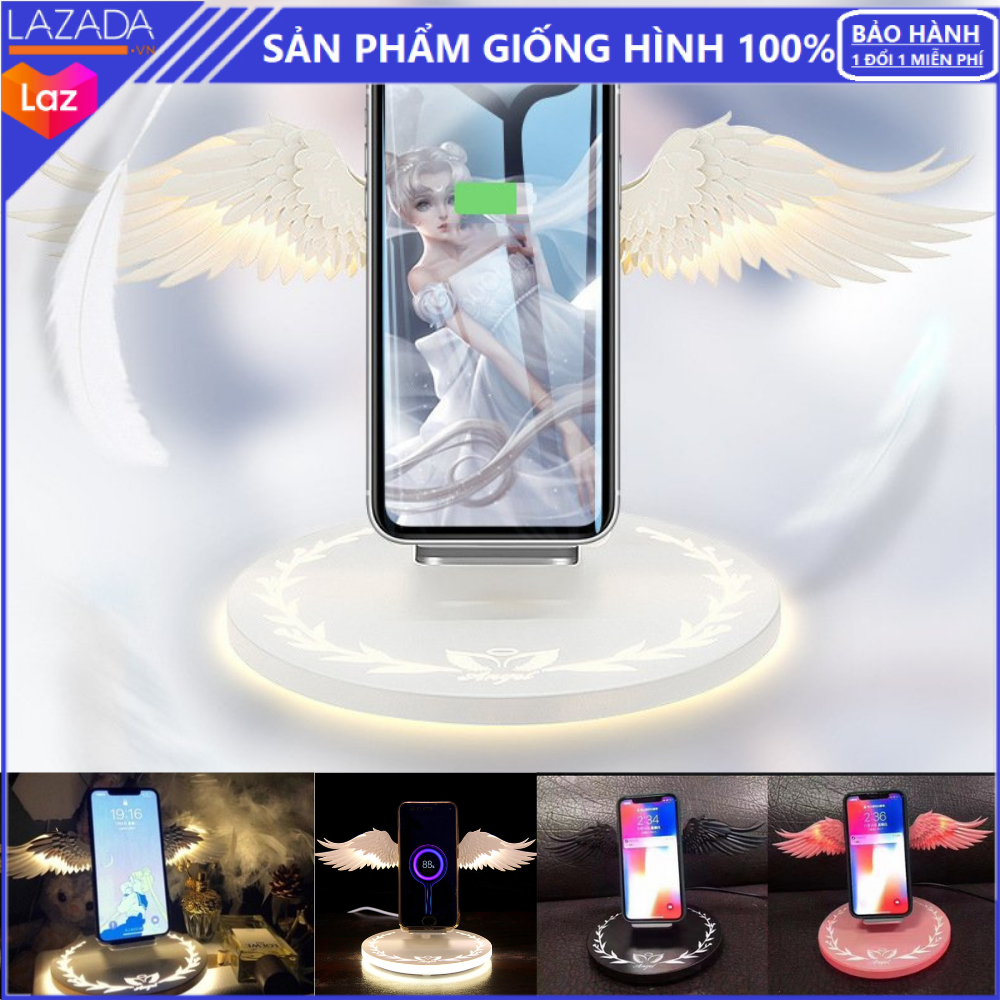 Đế Sạc Không Dây - Đế Sạc Không Dây Cánh Thiên Thần Nhiều Chế Độ Đèn LED Tự Đổi Màu - Tích hợp cho tất cả các dòng điện thoại thông minh hỗ trợ sạc không dây