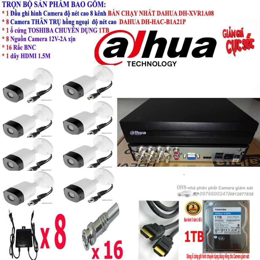 Trọn bộ camera giám sát hồng ngoại độ nét cao Dahua 2.0Mb ,Đầu ghi hình full HD 1080P dahua XVR1A08, 8 cam thân B1A21P , ổ cứng 1T, 80m dây cáp tính hiệu tên miền xem qua mạng trọn đời