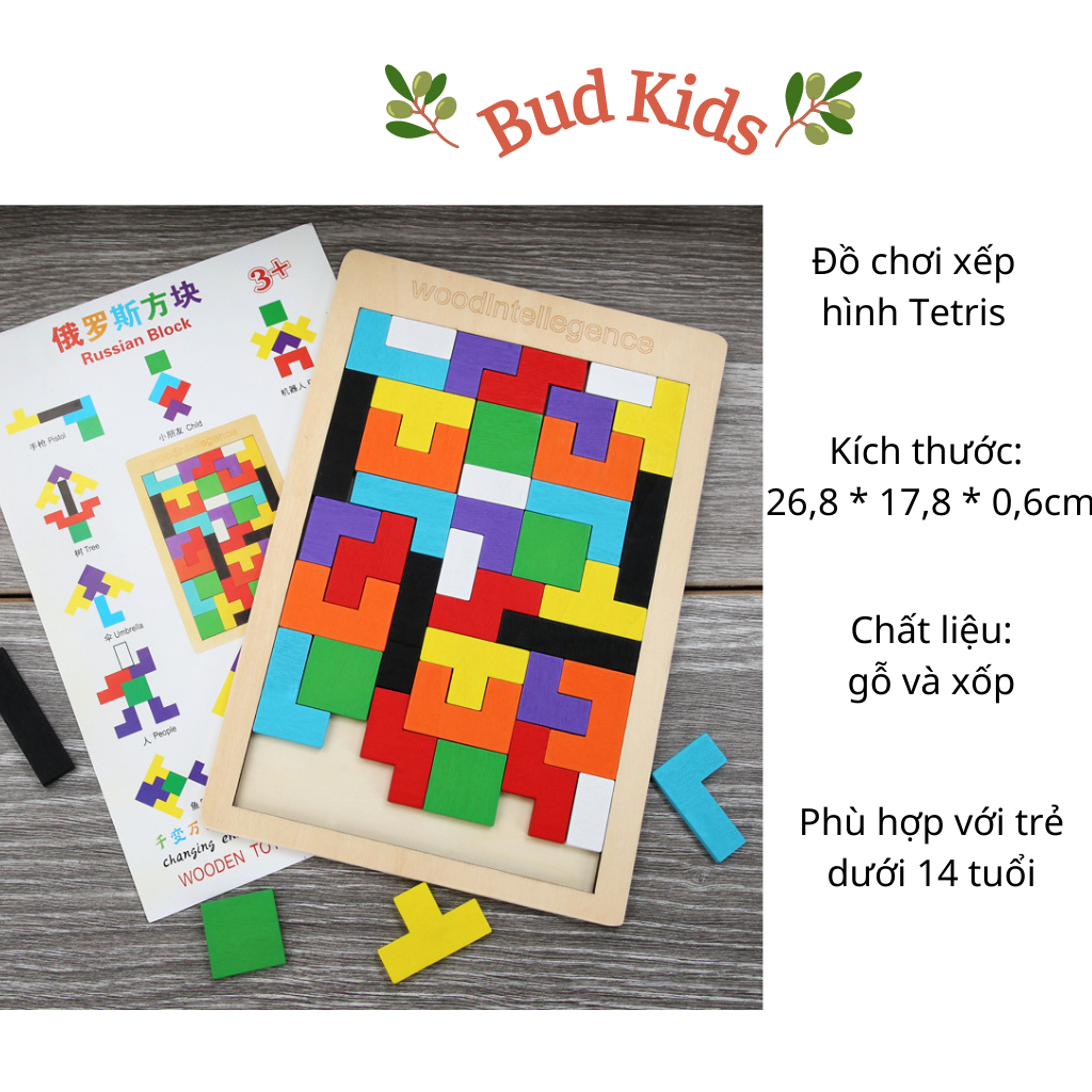 Đồ chơi xếp hình gỗ lắp ráp thông minh trí tuệ giáo dục sớm Tetris size đại Montessori cho bé Bud Kids kích thước 26.8*17.8cm NH13