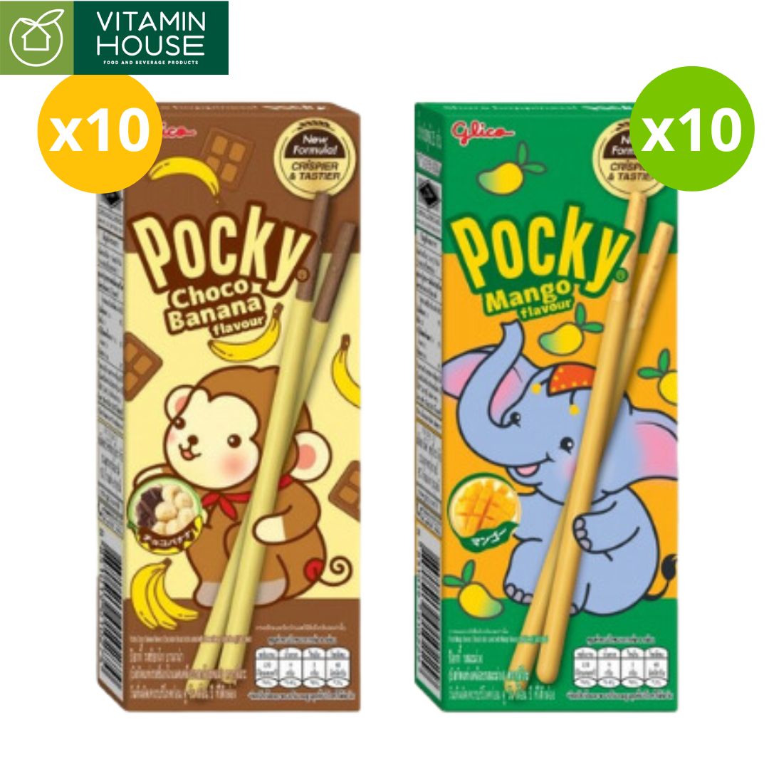 Lốc 10 hộp bánh pocky chuối, xoài glico thái 20g