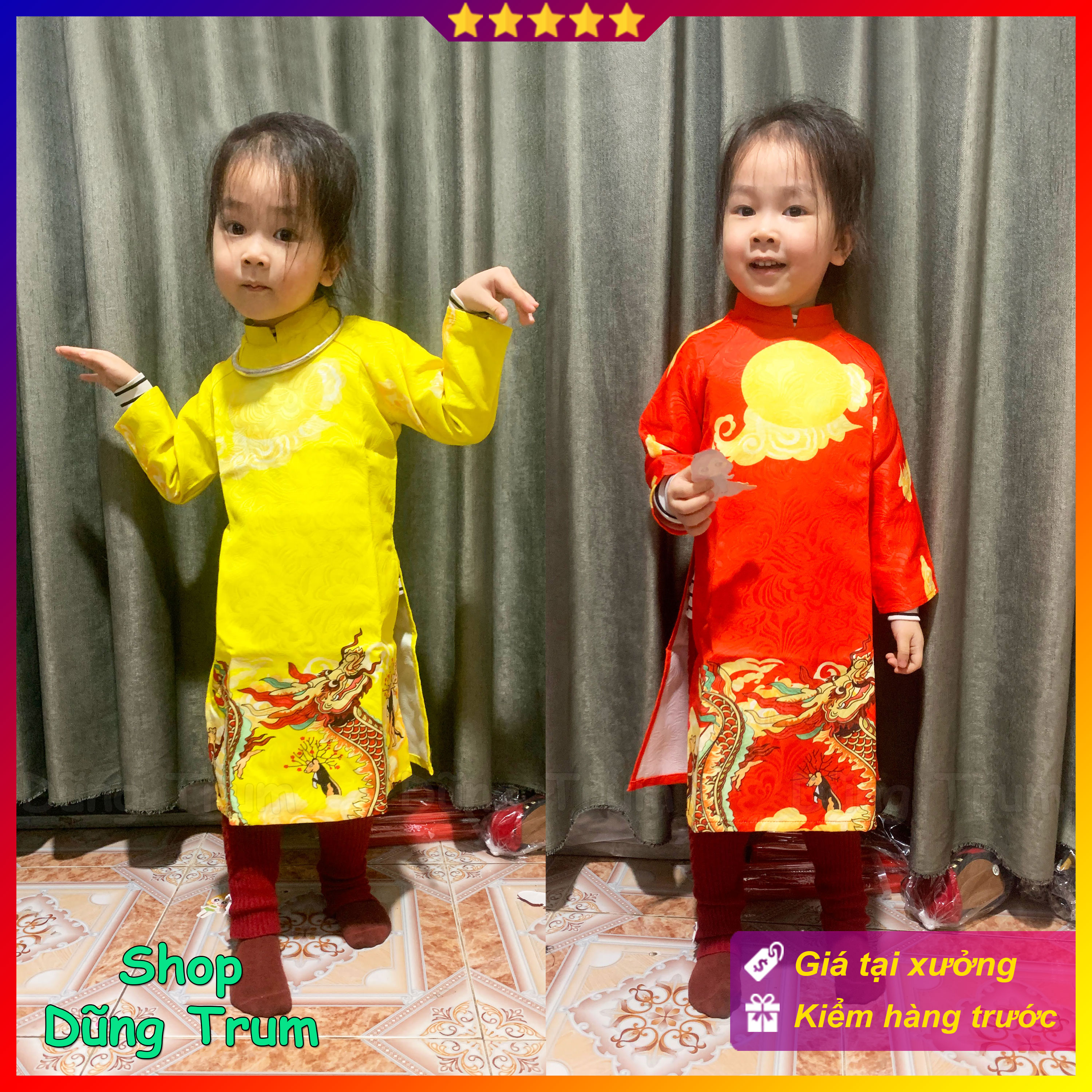 Áo dài Tết cách tân cho bé vải gấm họa tiết cực đẹp