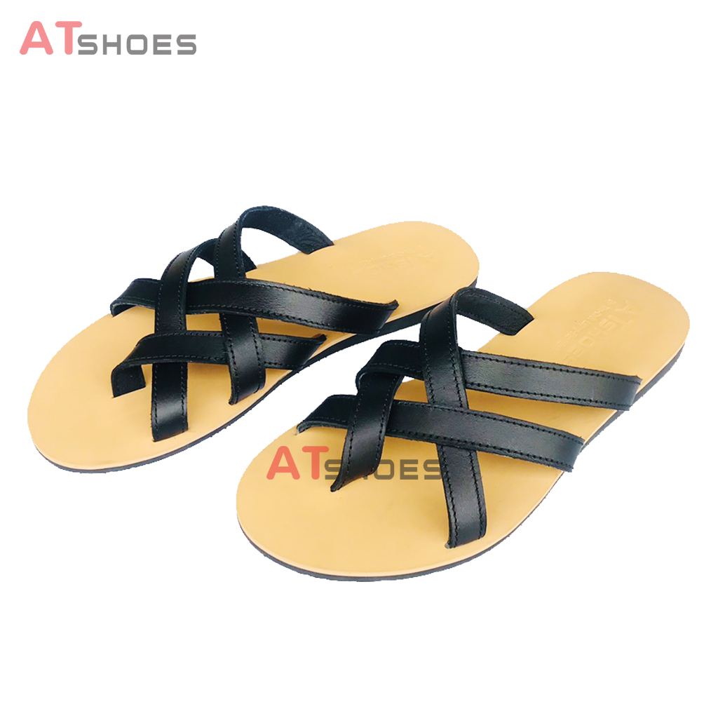 Dép Sandal Dép Quai Chéo Da Bò Thật Không Thấm Nước Phù Hợp Mọi Lứa Tuổi cheosg11 (Đen - Nâu)