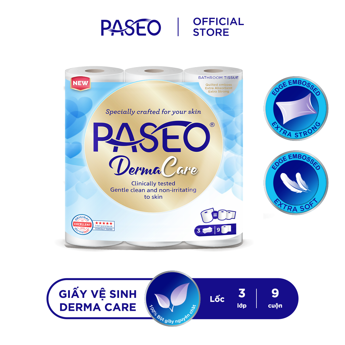 Giấy vệ sinh cao cấp Paseo Derma Care dai, mềm mịn cho da nhạy cảm (9 cuộn 3 lớp)/lốc