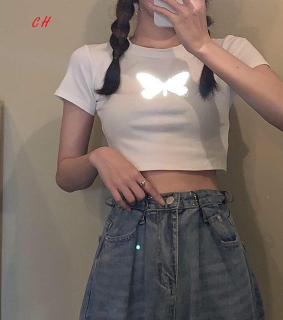 Áo croptop bướm cánh rỗng phản quang CH12 , áo kiểu nữ, áo thun nam nữ, quần khaki, quần nữ, sét bộ mặc ở nhà, áo thun tay dài, quần jean ống rộng - LEEDA
