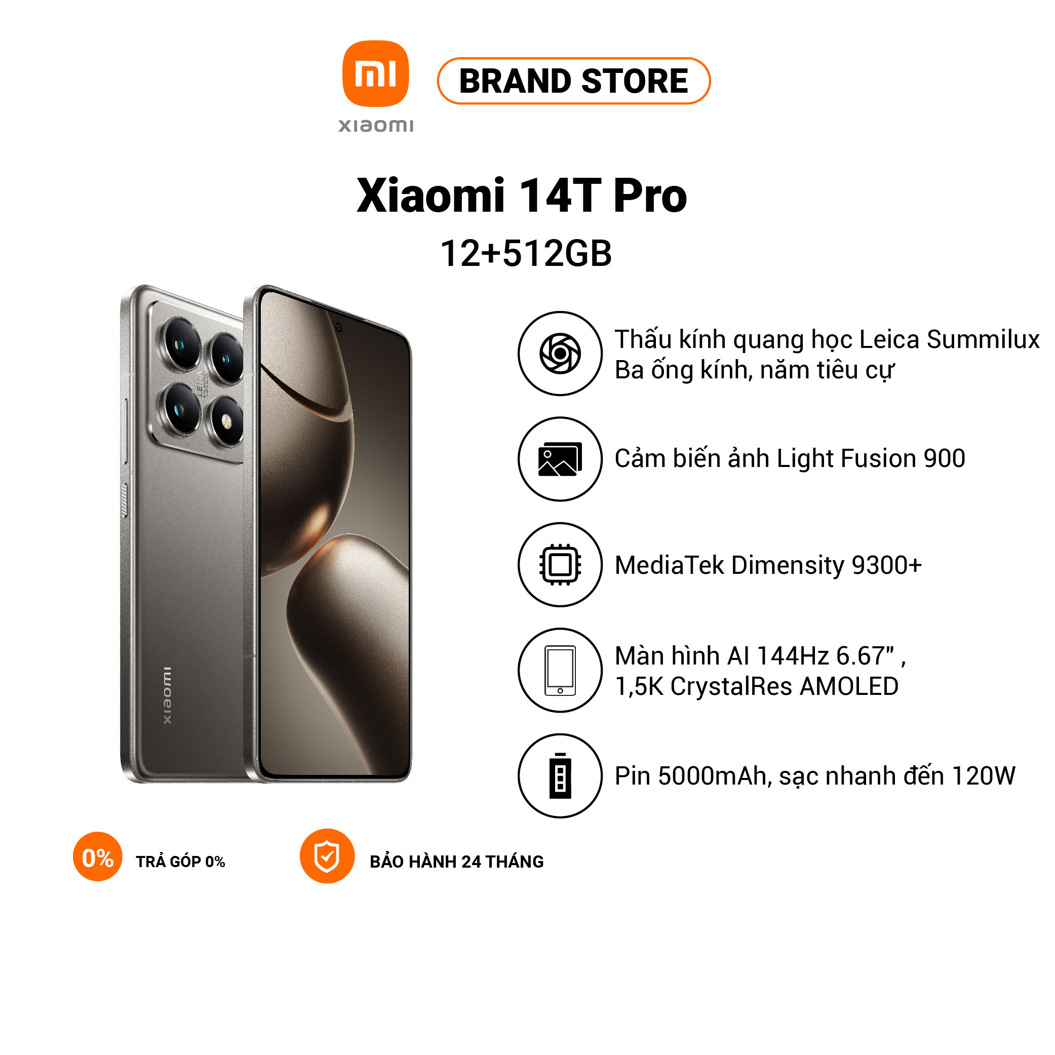 Điện thoại thông minh Xiaomi 14T Pro (12+512GB) | Light Fusion 900 | MD 9300+ | Pin 5000mAh