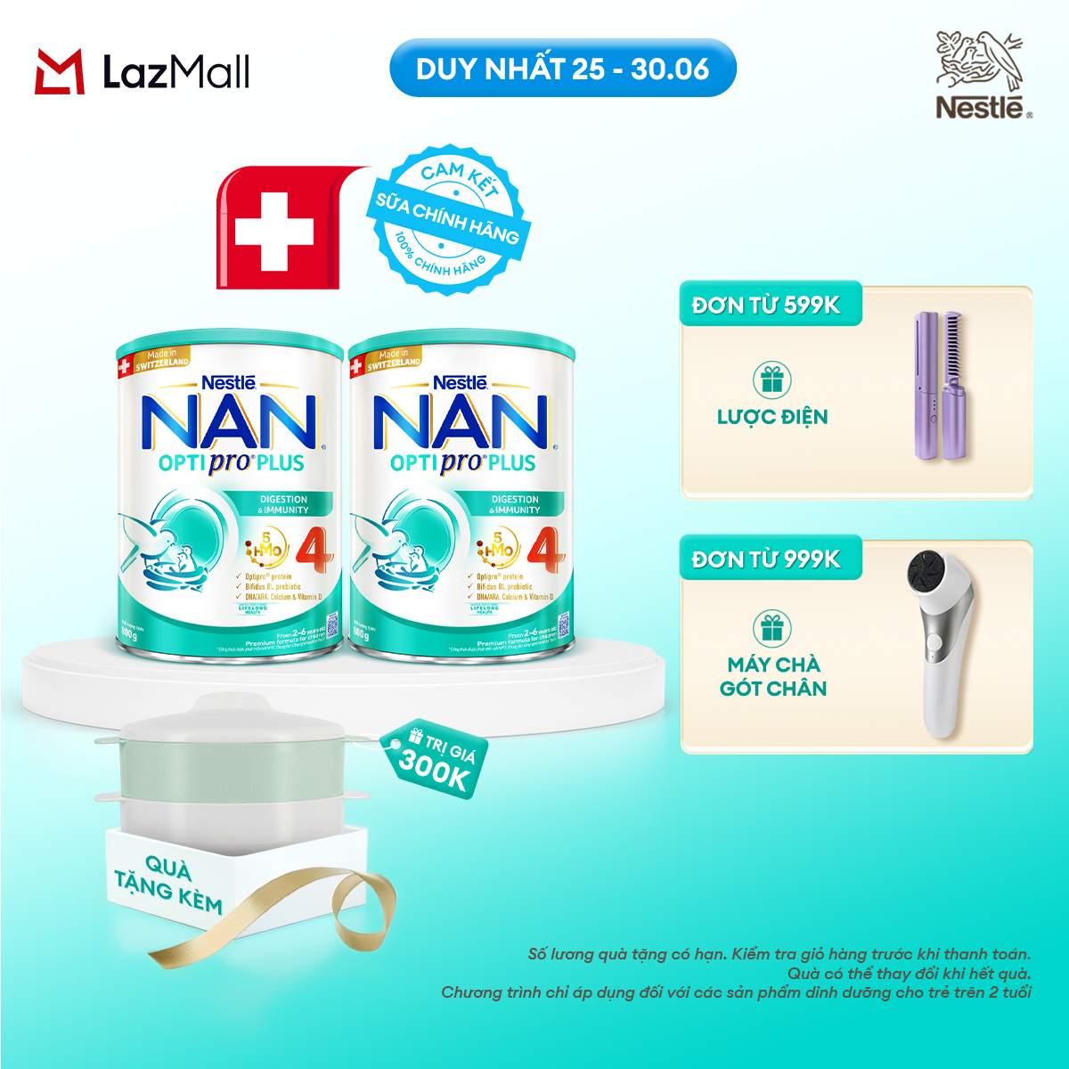 [Chỉ 25-30.06 QT Đơn 599K/999K][Tặng Xửng hấp] Bộ 2 Lon Sữa bột Nestlé NAN OPTIPRO PLUS 4 với 5HMO xuất xứ Thụy Sĩ  - Hộp 800g cho bé từ 2-6 tuổi - Sữa công thức dinh dưỡng cho trẻ giúp hỗ trợ tiêu hóa, đề kháng, trí não và phát triển toàn diện