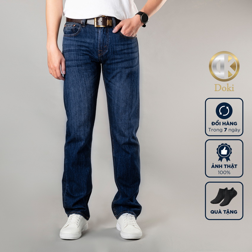 Quần jean nam ống suông xanh đậm SN-10 Quần suông ống rộng, vải cao cấp không co giãn, quần jean ống rộng 19-20 - DK