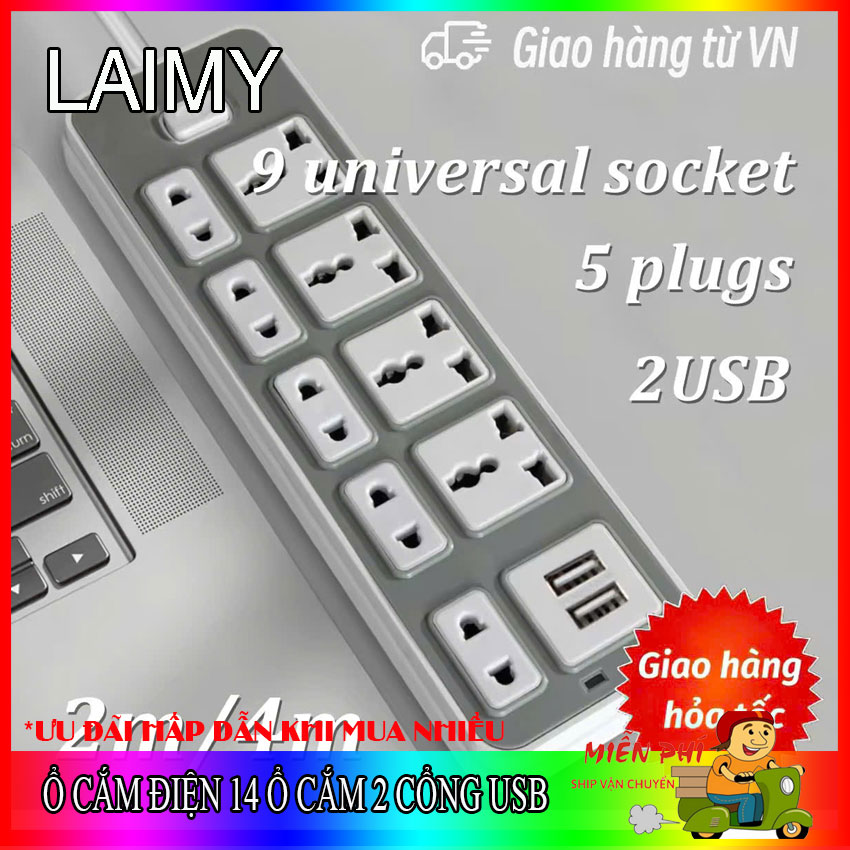 LAIMY HCM Ổ Cắm Điện Power Strip Đa Năng Thông Minh 2 cổng USB, 5 plugs, 9 universal socket dây 2m