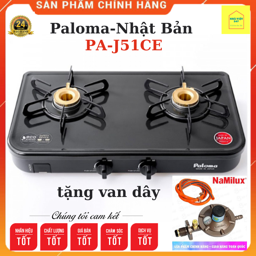 Bếp gas đôi paloma pa-j51ce- nhật bản-mặt men bóng đẹp,ngắt ga tự động,đánh lửa ic,bép đồng thau siêu bền,lửa xanh,mạnh ,tiết kiệm ga bếp ga tốt,giá rẻ- kèm van dây - bảo hành chính hãnh 24tháng