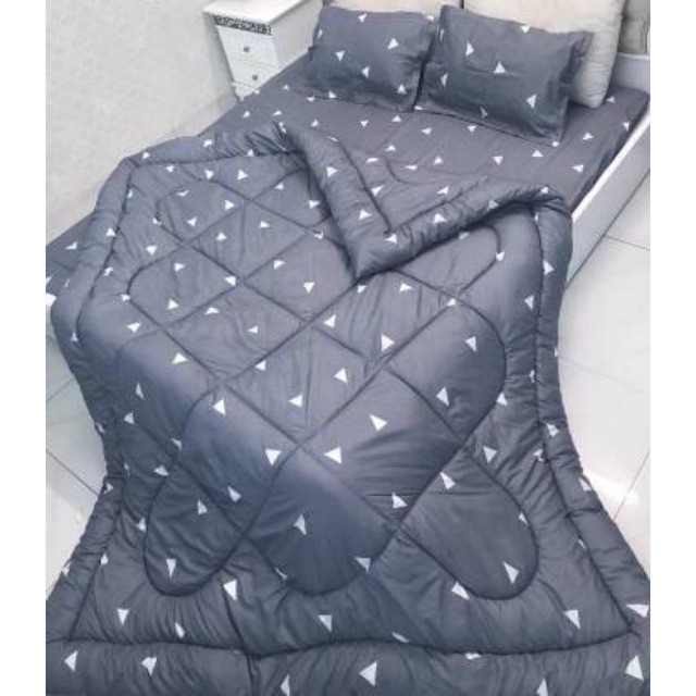Bộ 5 Món Chăn Phao Ga Gối Cotton Poly Mẫu Tam Giác Ghi