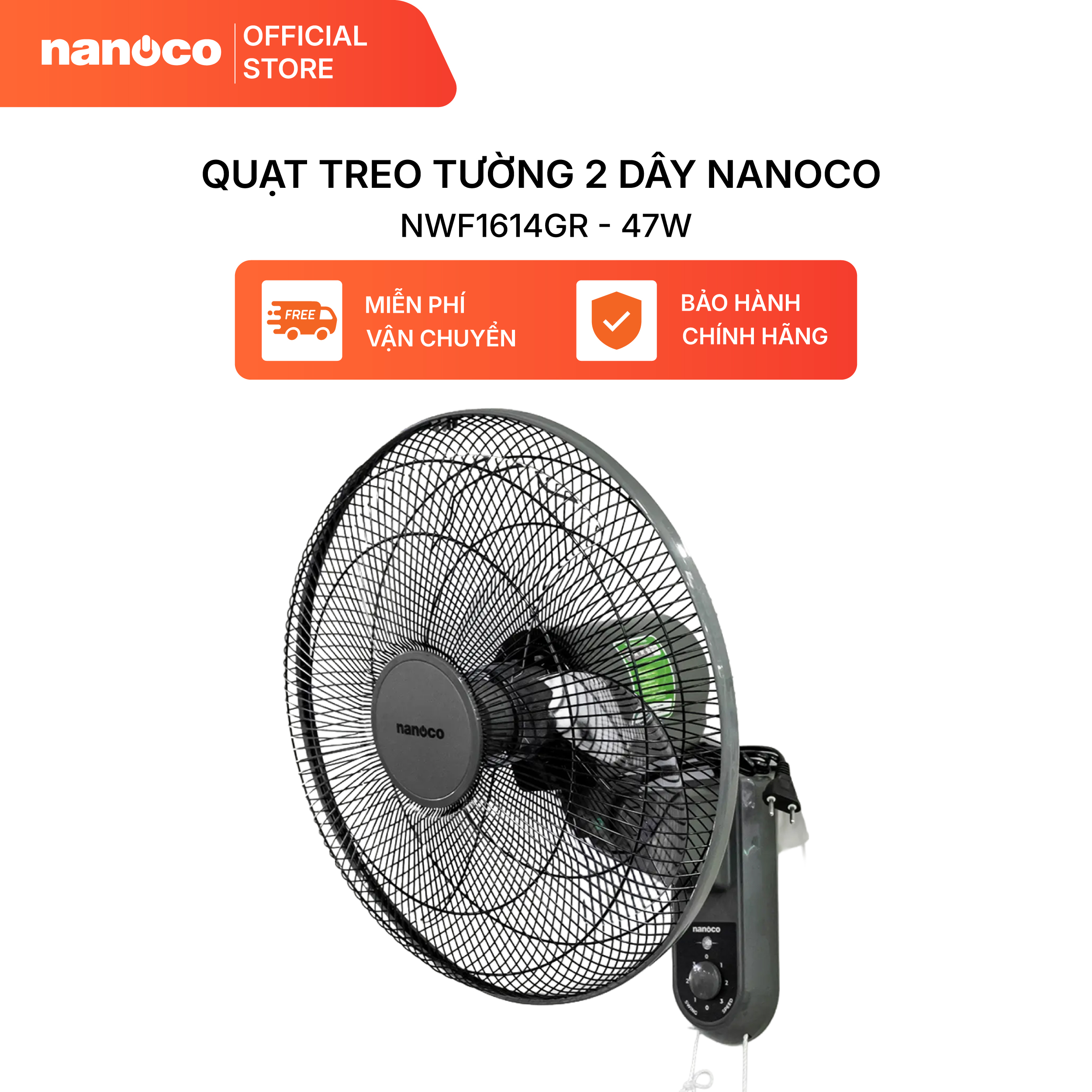 Quạt treo tường 2 dây Nanoco model NWF1614 (3 cấp độ gió, bạc đạn, công suất 47W, màu ghi/xám nhạt)