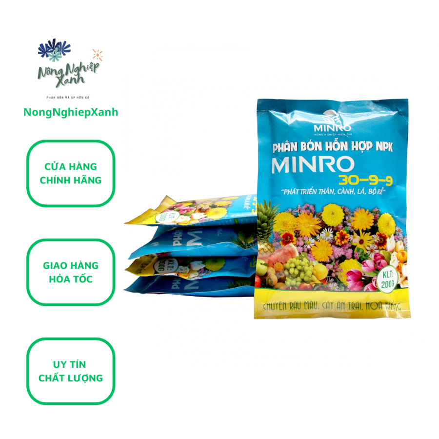 Phân bón hỗn hợp npk minro 30-9-9 200gr phat trien than la canh bo re