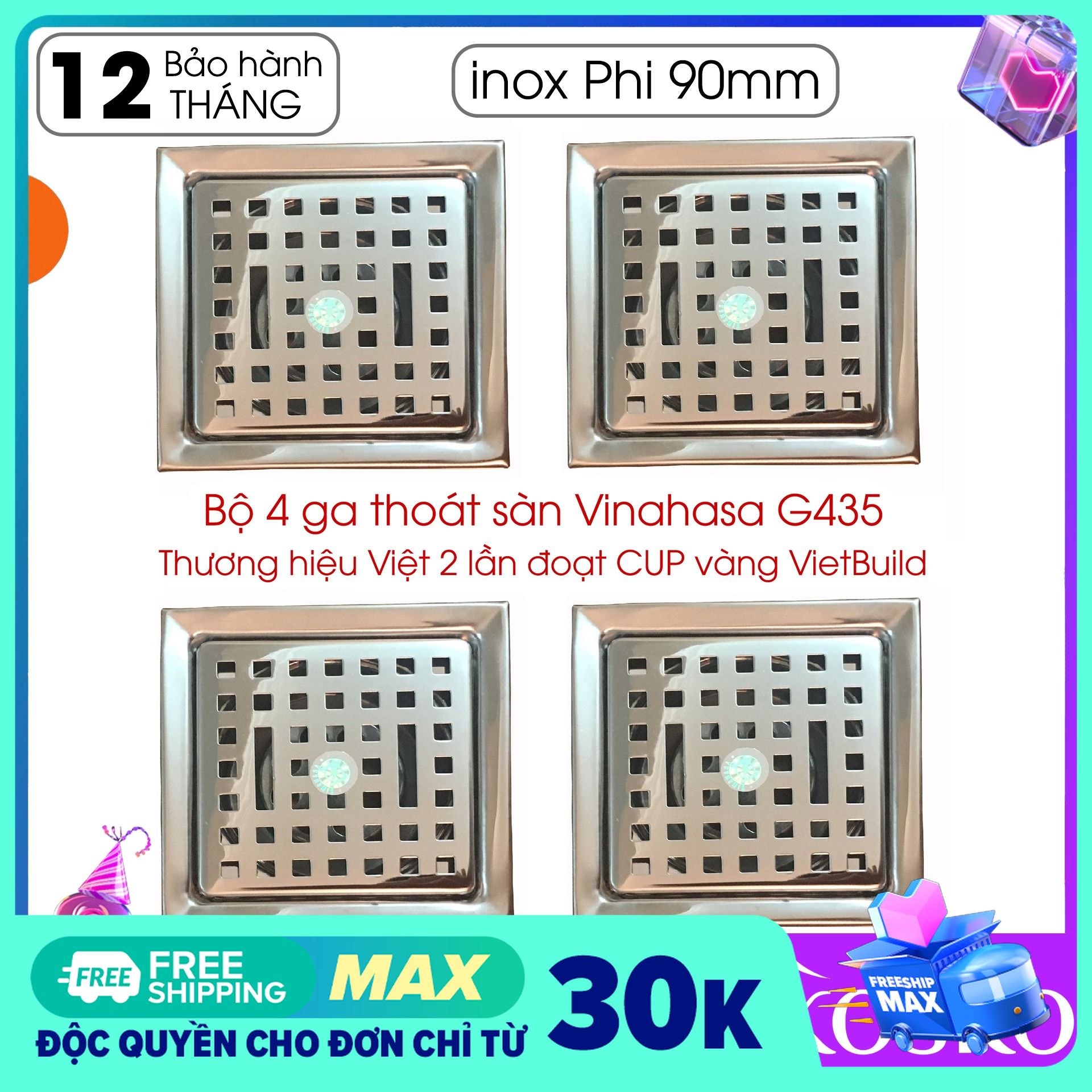 Bộ 4 ga thoát sàn – phễu thoát sàn INOX Vinahasa 12x12cm Phi 90mm Chống Hôi – Lọc Rác 3 lớp hiệu quả G435 (Bảo hành 12 tháng – 1 đổi 1 trong 7 ngày)