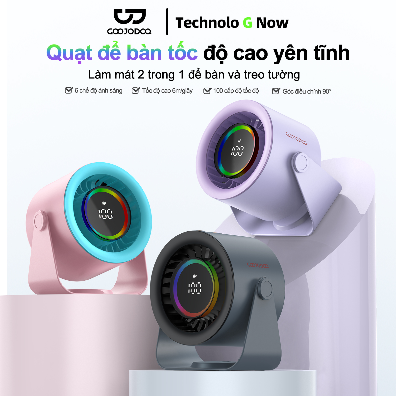  Quạt để bàn GOOJODOQ 2025 Quạt tốc độ cao để bàn- Im lặng turbo gió 100 tốc độ ,Màn hình kỹ thuật số LED ,Có thể treo tường ,Đèn chiếu sáng RGB 