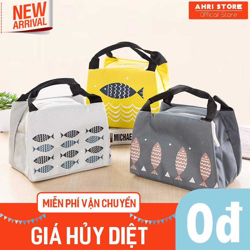 Túi giữ nhiệt đựng cơm, đồ ăn kiểu Nhật in hình cá có khóa kéo và quai xách chắc chắn 49.TGNHC.AHRLiL