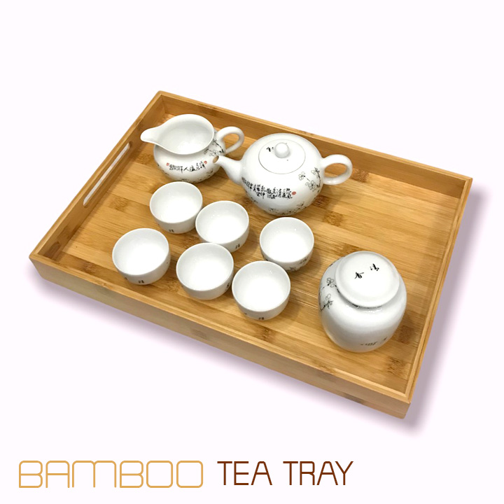 Khay đựng trà bằng gỗ tre kháng khuẩn hình chữ nhật có tay cầm