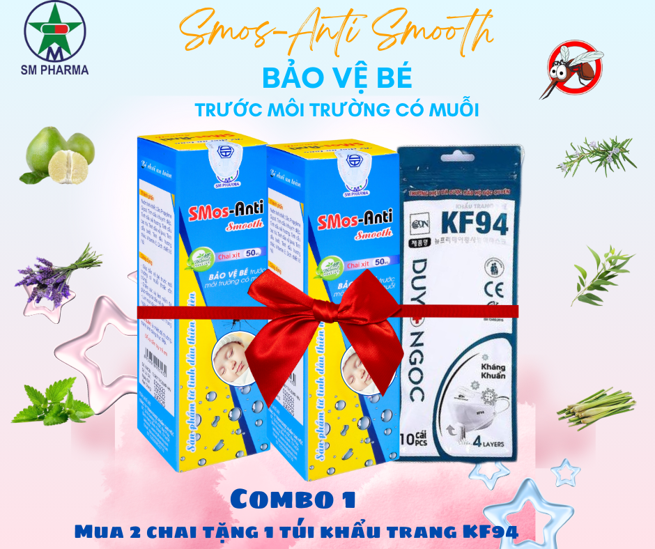 COMBO 3 MÓN - 2 CHAI XỊT CHỐNG MUỖI TINH DẦU CHO BÉ SMOS ANTI TẶNG 1 TÚI KHẨU TRANG HÀN QUỐC KF94