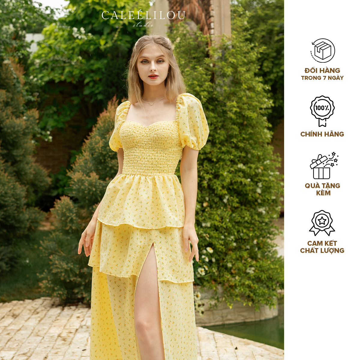Caleelilou - Đầm hoa vàng Amallia Midi Dress
