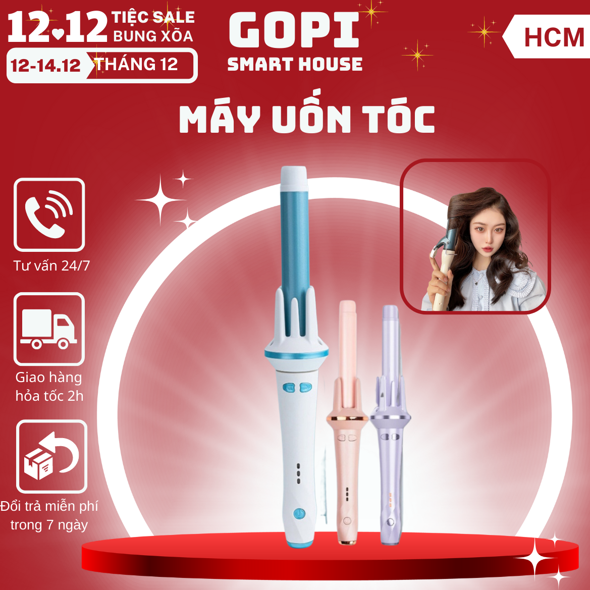 Máy uốn tóc tạo kiểu Hàn Quốc gốm sứ đa năng,máy làm xoăn phồng tóc, tạo kiểu nhanh, xoăn lọn to nhỏ, bảo hành 12 tháng
