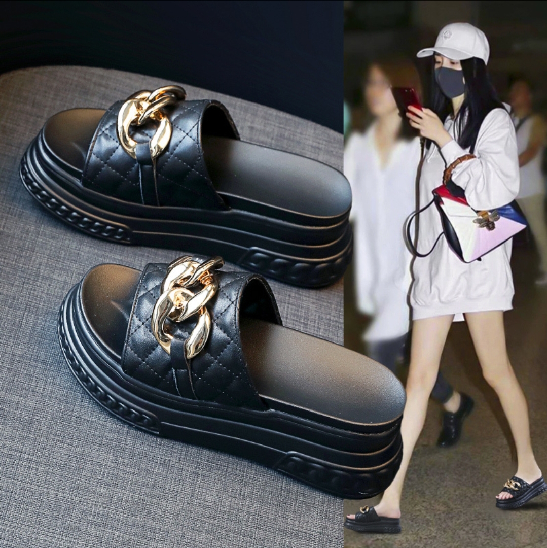 HOÀN TIỀN 15% -  Dép nữ quai da phối xích bản to sang chảnh đế đúc siêu nhẹ cao 7p hách dáng