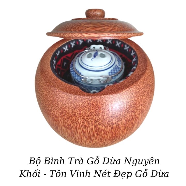 Bình Giữ Ấm Trà Gỗ Dừa Nguyên Khối Không Chân Gọn Đẹp Và Bình Trà 800 - 950ml