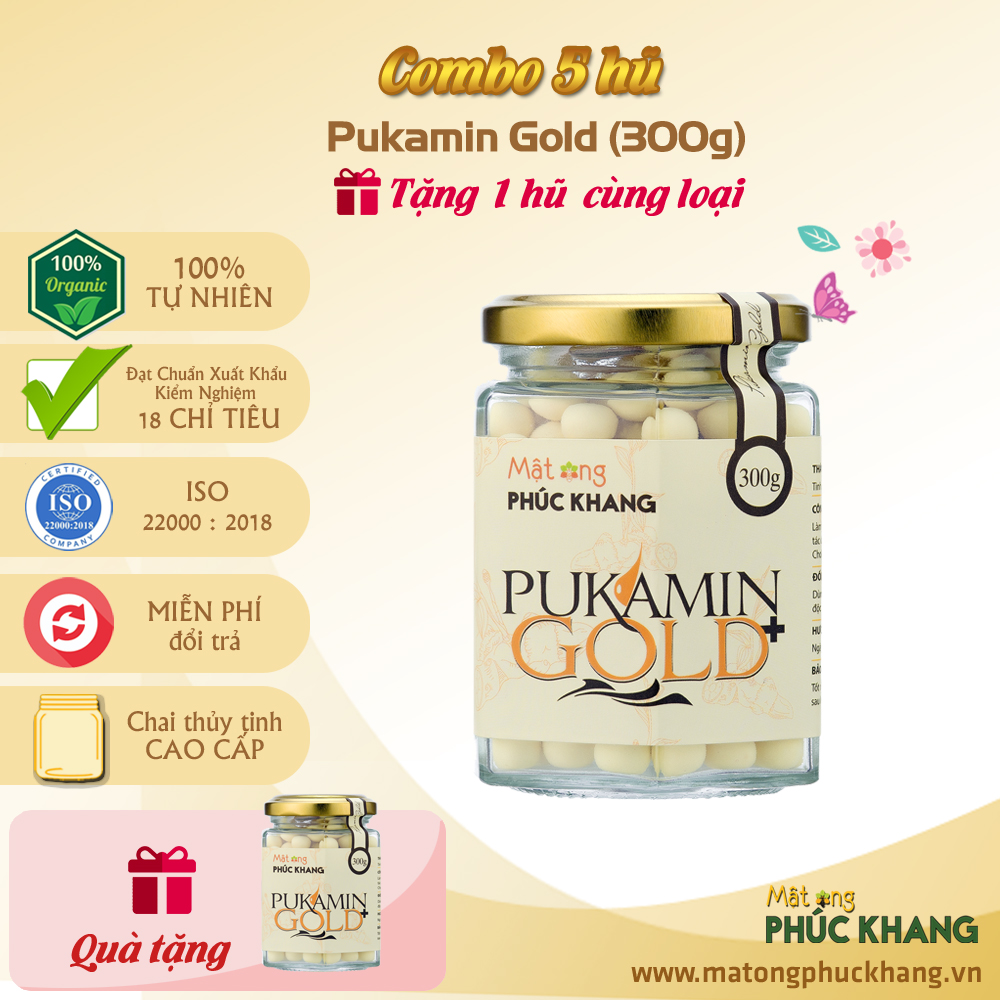 Mật Ong Phúc Khang -5 Hũ PUKAMIN GOLD 300g - Bảo vệ sức khỏe , Đẹp da , giảm đau dạ dày , viêm đại tràng, chống oxy hóa ,ức chế ,ngăn ngừa tế bào ung thư -Làm Quà Tặng , Quà Biếu
