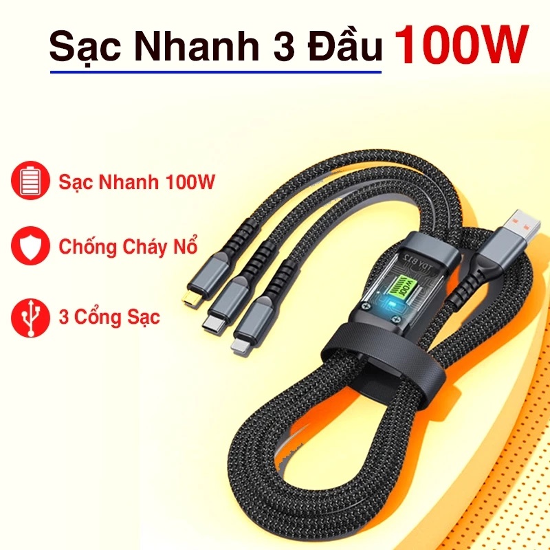 Dây Sạc Tự Ngắt - Dây Cáp Sạc Dữ Liệu Sạc Nhanh 100W Micro USB Type C 3 Trong 1 6A