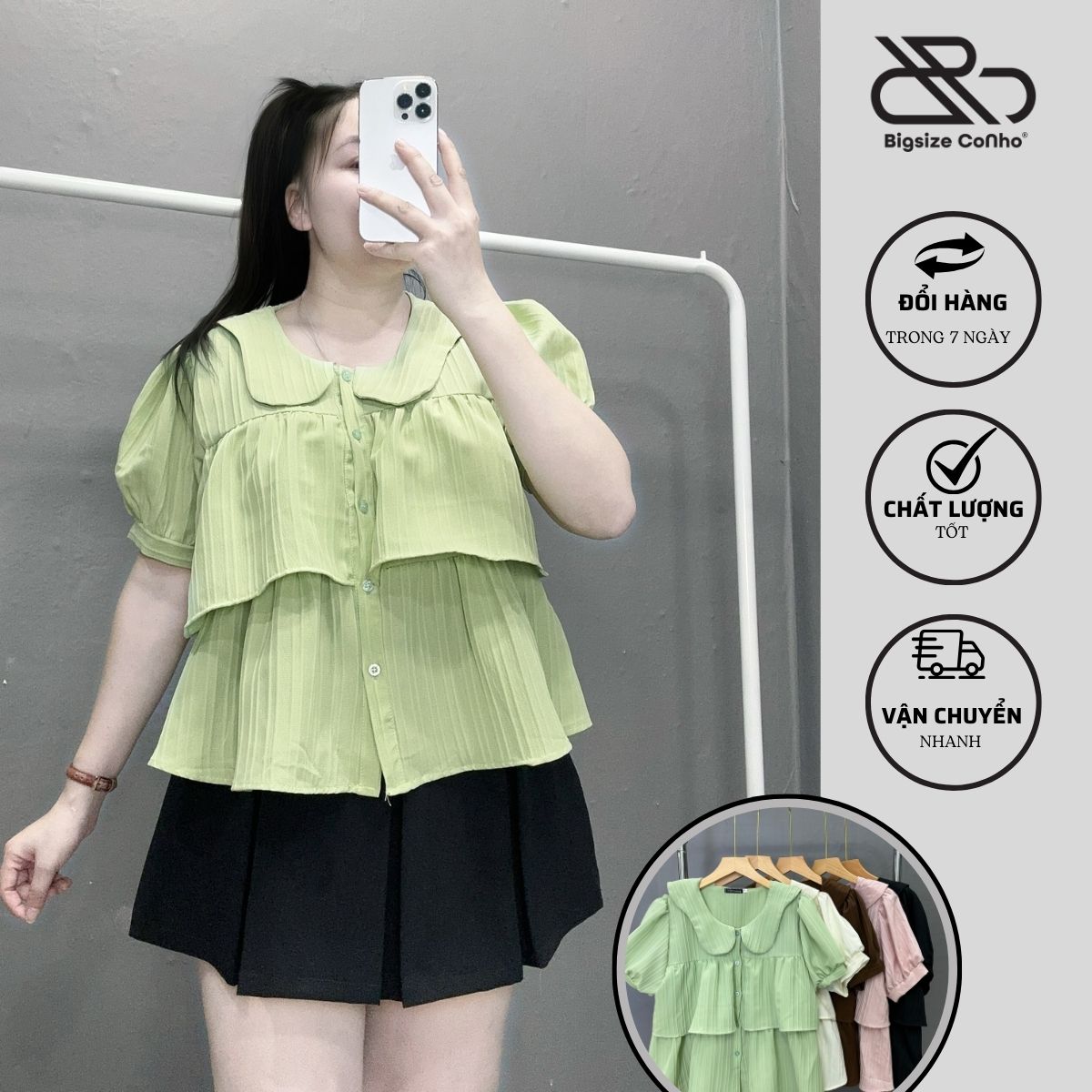 Áo Sơ Mi Nữ Bigsize Cô Nhỏ Kiểu Babydoll Cổ Bèo Tay Bồng Dáng Croptop Chất Xốp Đôi Tiểu Thư Thanh Lịch 50-95kg SM163