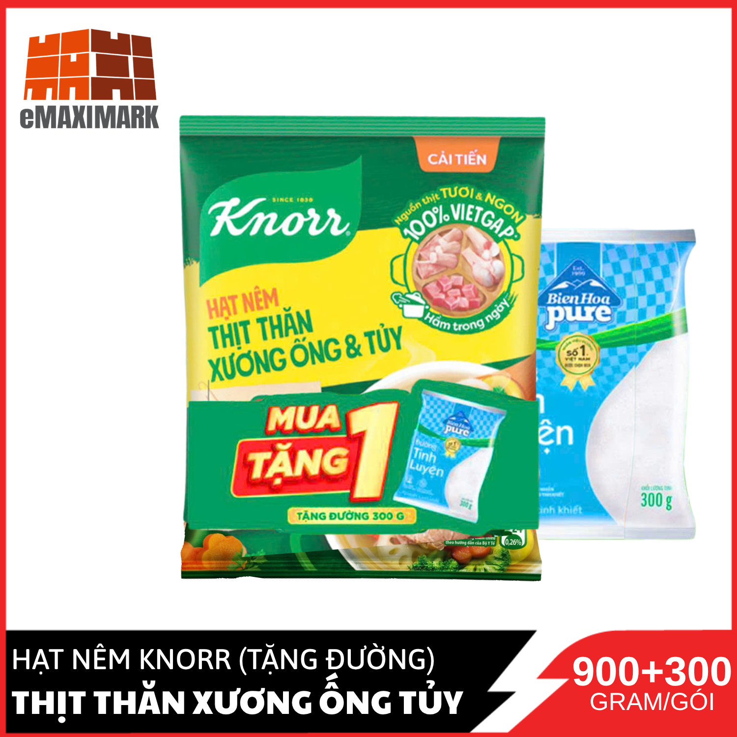 Knorr Seasoning Granules for Lean Meat, Bone, Tube, and Marrow 900g (Free Biên Hòa Sugar 300g)