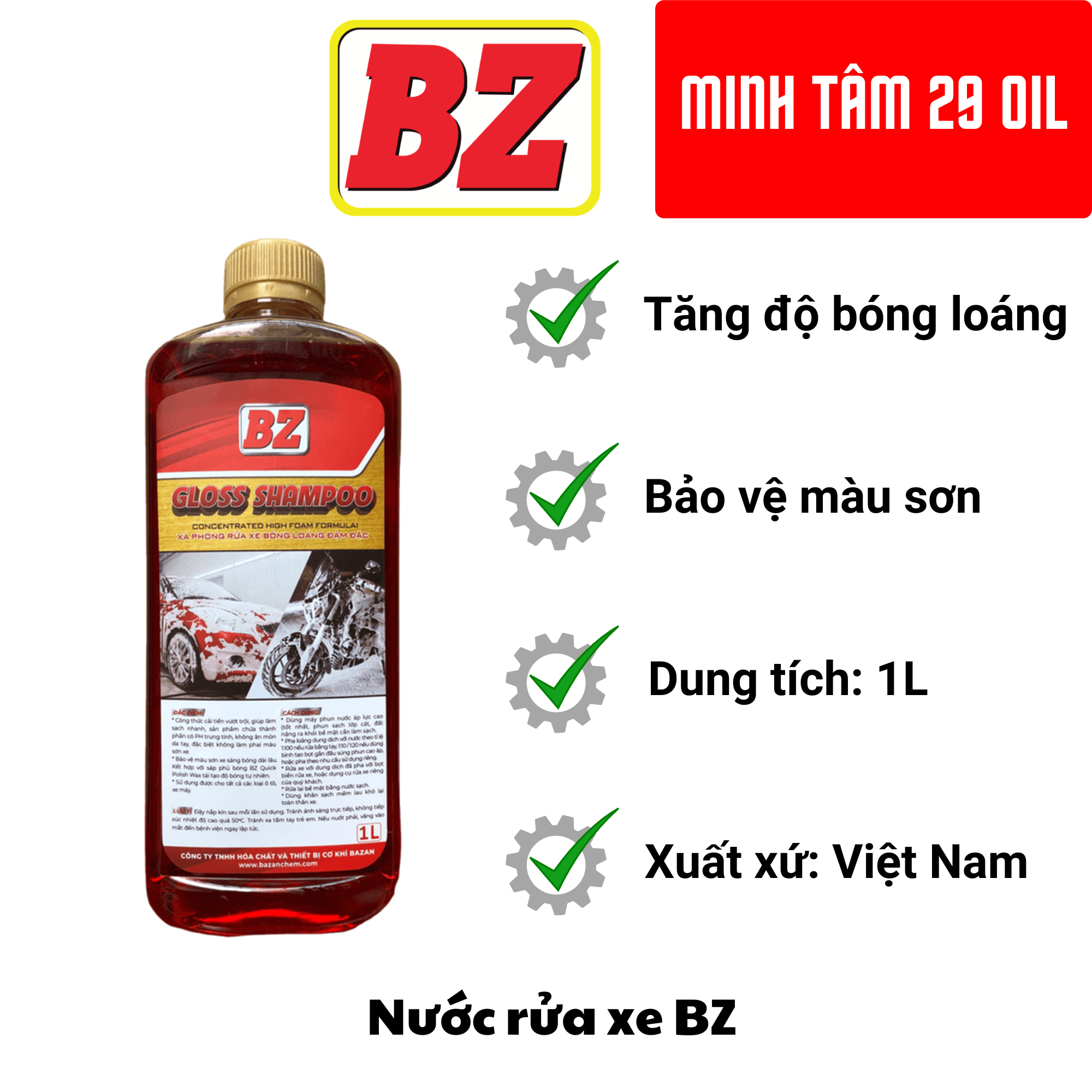 Nước rửa xe bz gloss shampoo 1l, xà phòng rửa xe bóng loáng đậm đặc