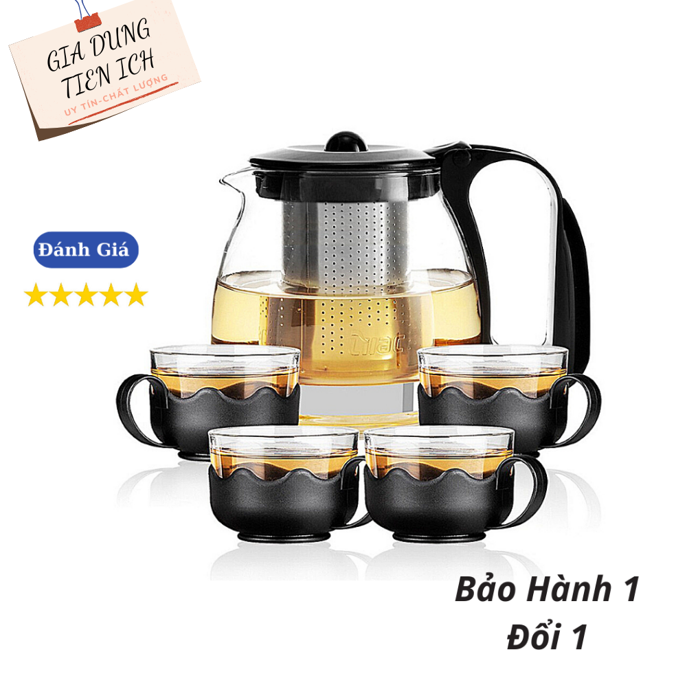 Bộ Ấm Pha Trà Thủy Tinh Lưới Lọc Inox Hàng Đẹp (Bộ 4 Cốc)- Bộ Ấm Pha Trà Thủy Tinh Kèm 4 Cốc Thủy Tinh Hàng Đẹp Cao Cấp- Ấm Thủy Tinh Pha Trà