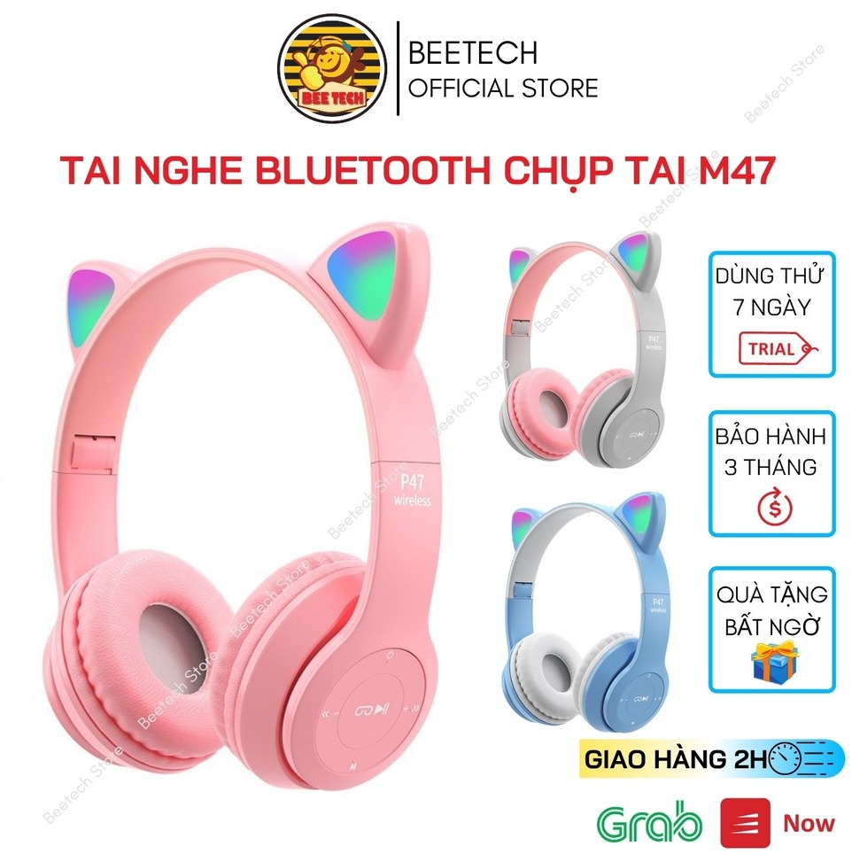 Tai nghe tai mèo M47, Tai phone bluetooth chụp tai phát sáng, có thể gấp gọn - Beetech