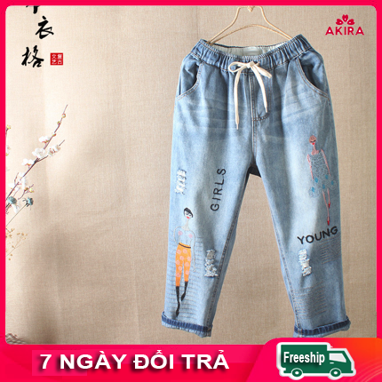 Quần jean nữ lưng thun size đại lửng 7 tất - quần bagy lửng bigsize nữ thêu hình cô gái - Jean lửng nữ cao cấp
