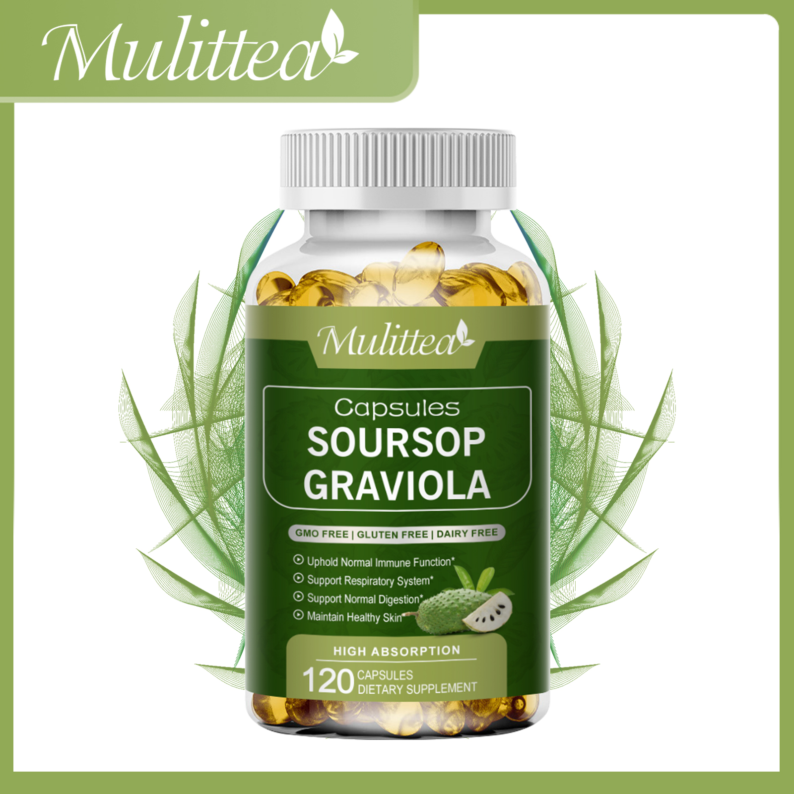 Mulittea Organic Graviola Soursop CapsulesFor Cell Support&Healthy Skin