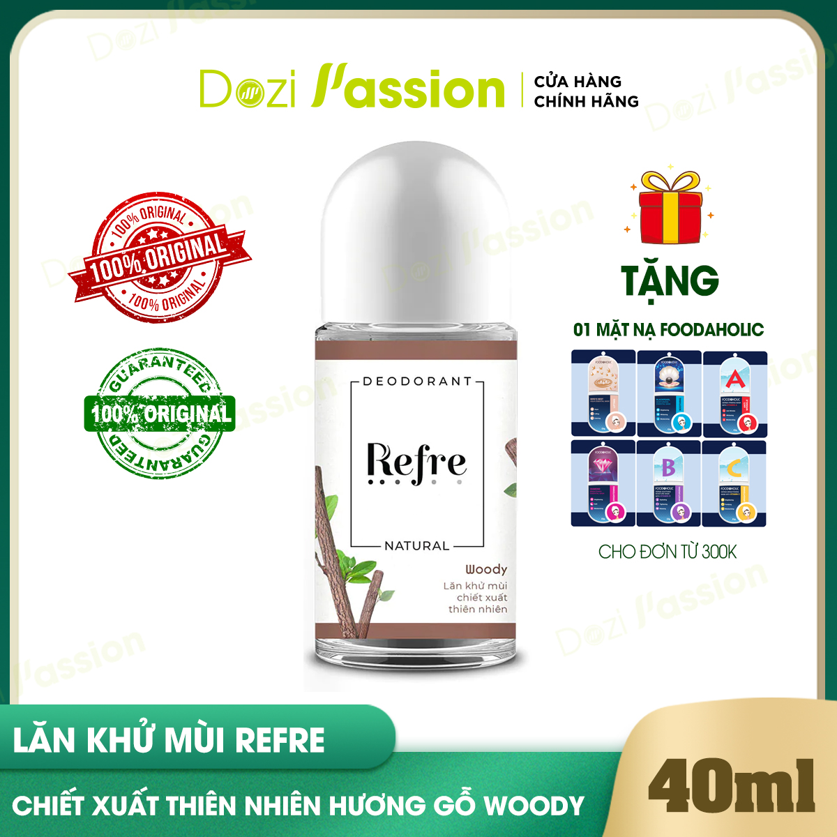 Lăn Khử Mùi Refre Tự Nhiên Hương Gỗ - Refre Whitening Natural Woody 40ml