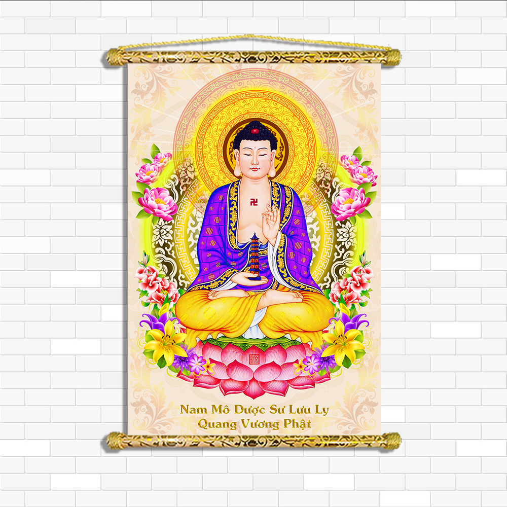 Tranh Liễn Phật Giáo ] Tranh Dược Sư Lưu Ly Phật , Chất liệu vải ...