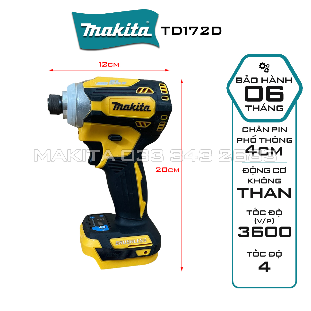 Thân máy chuyên vít dùng pin Makita TD172D, Nhỏ gọn, tốc độ cao, nhẹ, êm ái Chân pin phổ thông 4cm