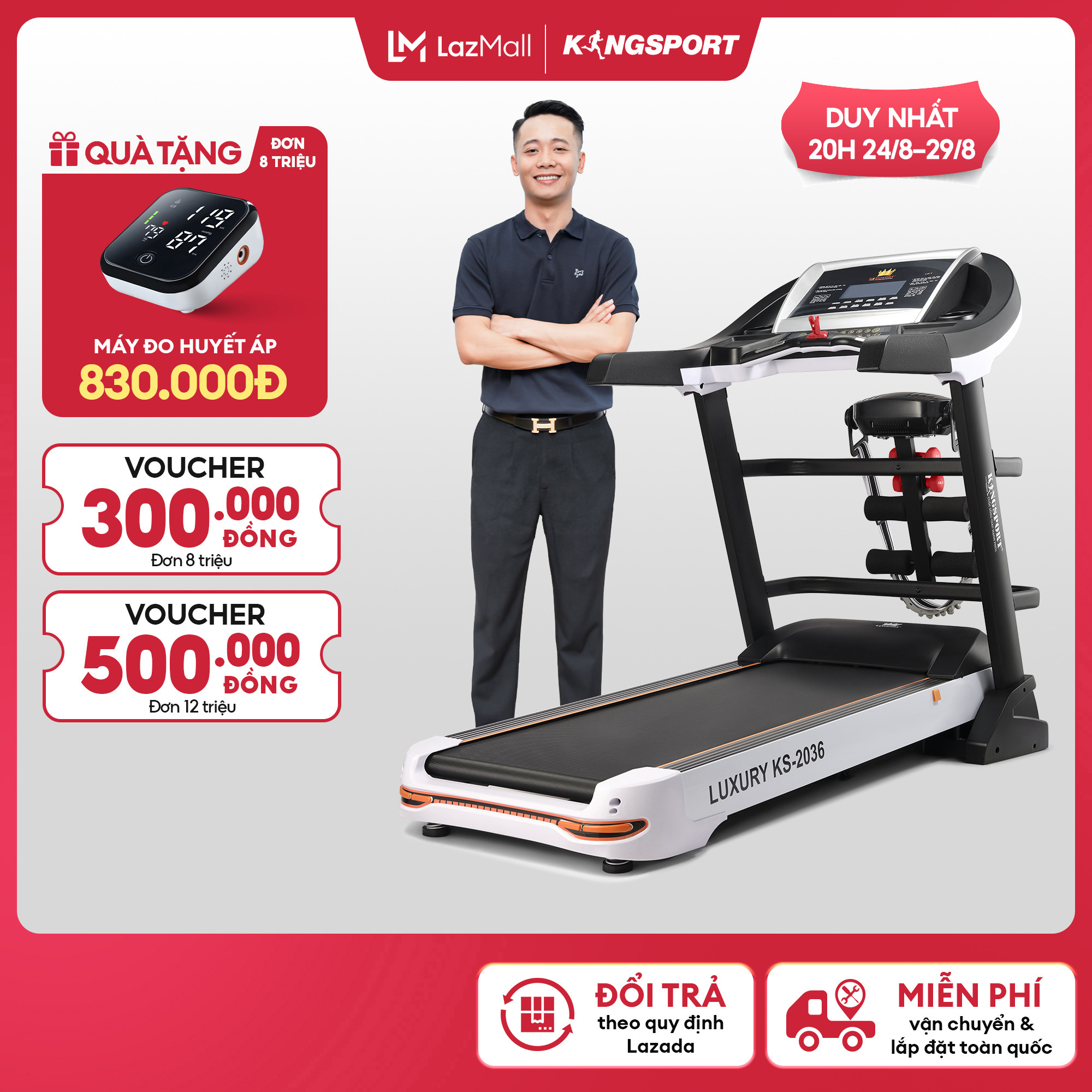 [Miễn phí vận chuyển] Máy chạy bộ tại nhà Kingsport Luxury KS-2036 có chức nâng dốc tự động, kèm theo đai massage và thanh gập bụng