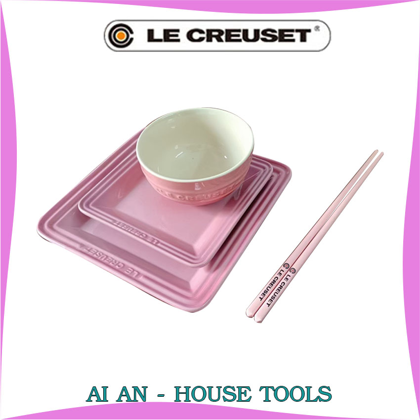 [ Free ship ] AI AN 29 - Bộ đĩa bát Le creuset sẹc tone, gồm 2 đĩa vuông 1 bát và 1 đũa màu hồng xanh đỏ cam, chất liệu gốm sứ