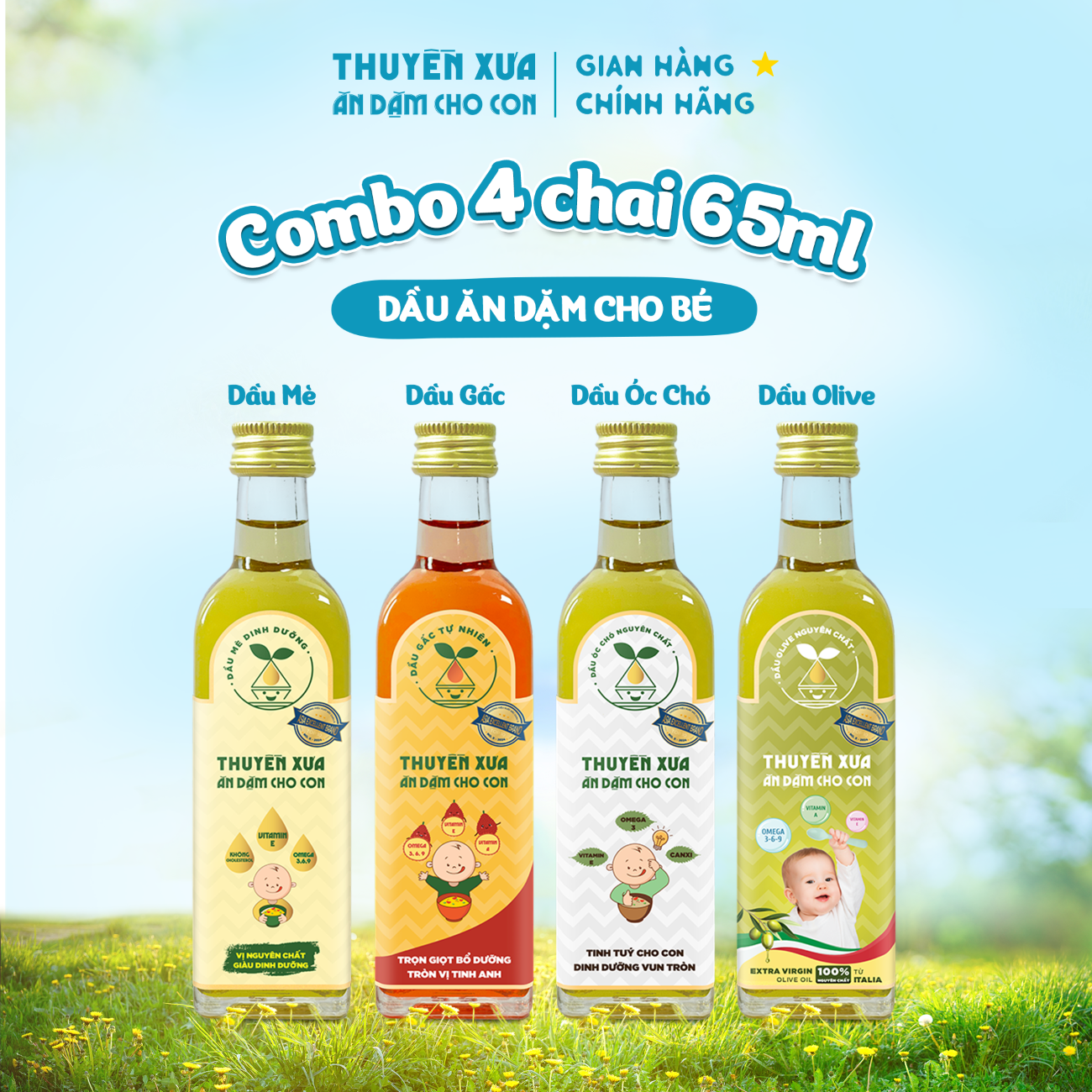 COMBO 4 chai Dầu Mè - Gấc - Óc Chó - Olive Ăn Dặm cho bé 65ml