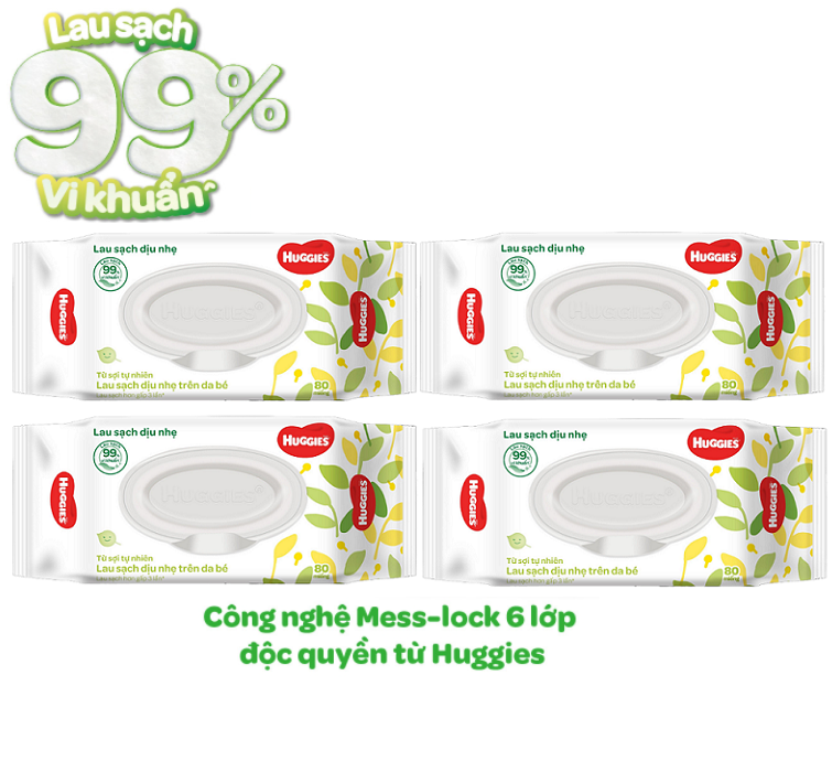 Combo 4 gói khăn ướt không mùi Huggies 80 tờ - khăn ướt làm sạch dịu nhẹ